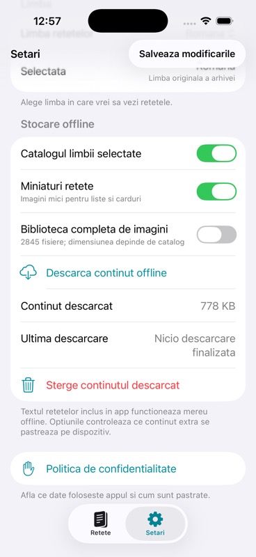 Offline and privacy settings screen on iPhone.